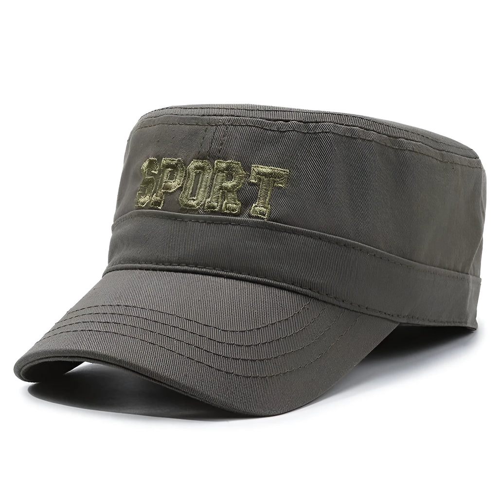 Men's flat-top cotton peaked cap with adjustable strap in army green colour