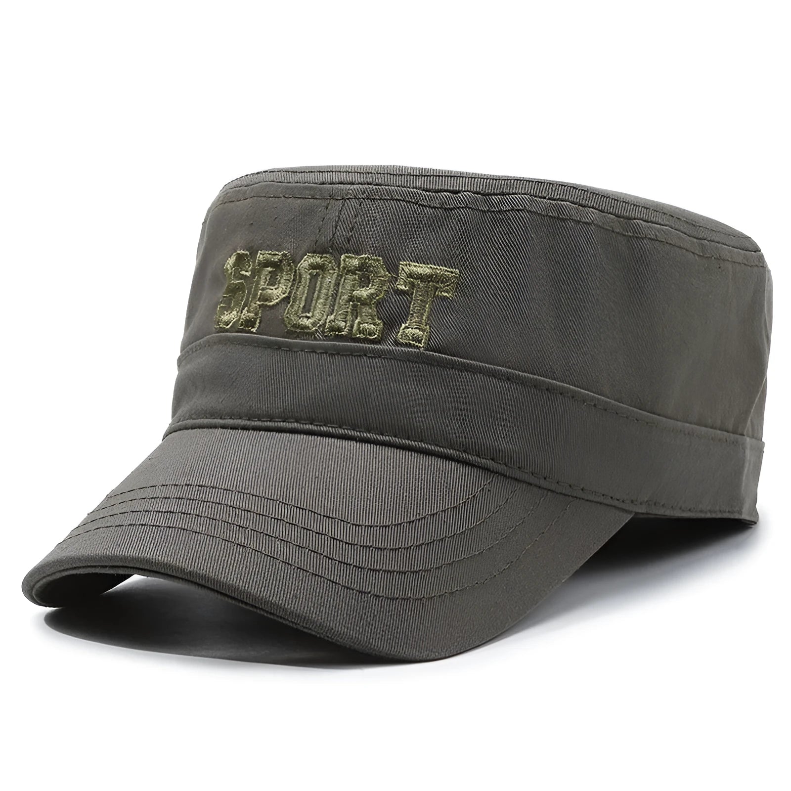 Men's flat-top cotton peaked cap with adjustable strap in army green colour