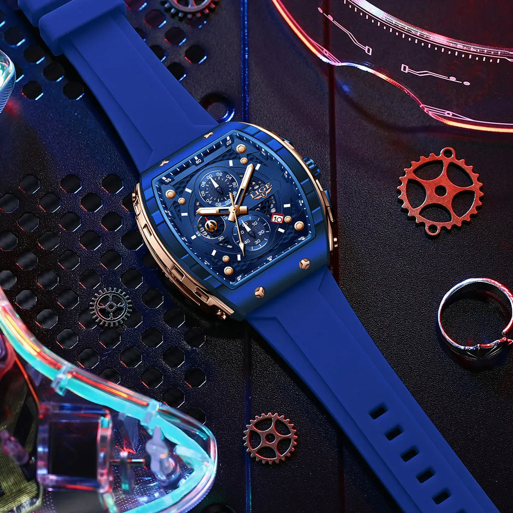 Men's sports quartz watch with 50mm luminous dial and mineral glass mirror, available in multiple colours