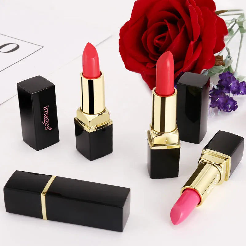 Lipstick lip gloss tube showing colour range including coral red, classic red, and babie pink shades