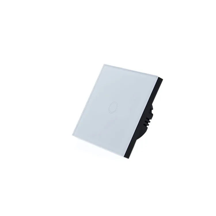 Type 86 touch-sensitive light switch with tempered glass panel in black, golden, or white.