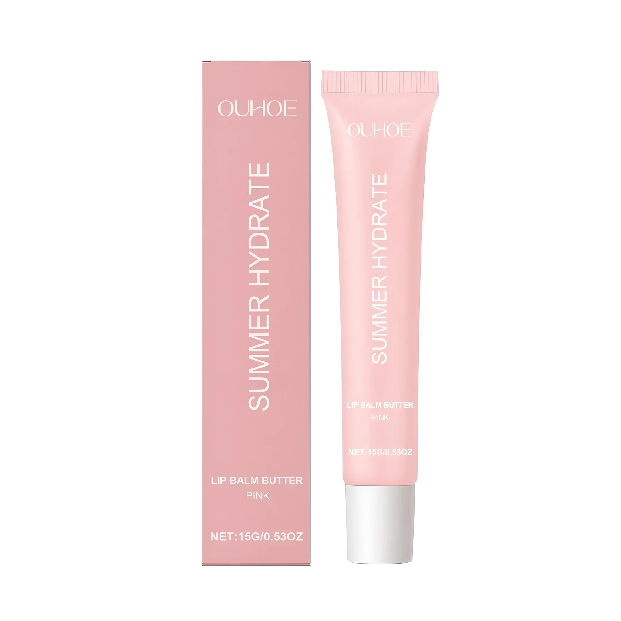 Pink lip balm butter in a twist-up tube with shea butter and grape seed oil.