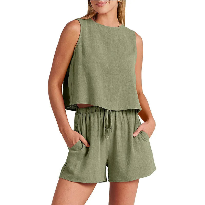 Women's sleeveless top and drawstring shorts summer two-piece set in rayon-linen blend fabric