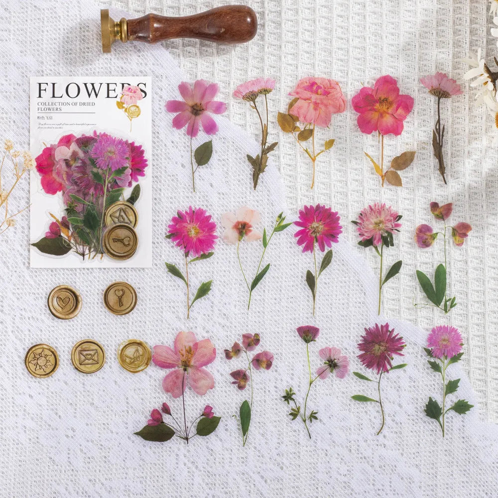 Dried flowers journal decoration stickers in 8 colour styles on PET sheets measuring 70x70mm
