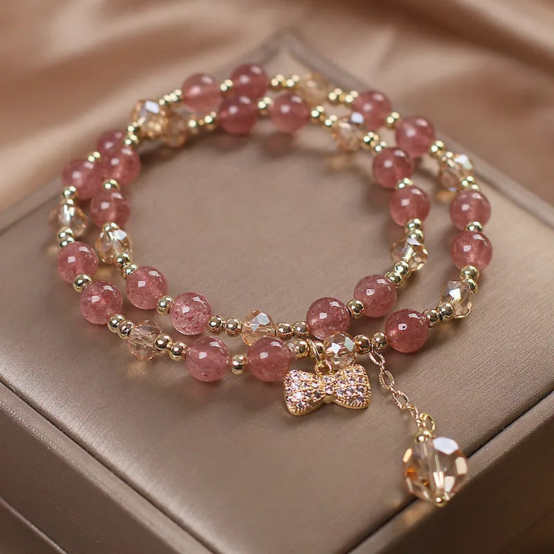 Red lucky cat charm crystal double layer bracelet with elastic closure