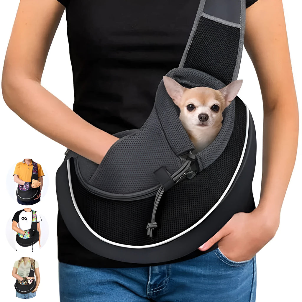 Women carrying black pet crossbody bag with small dog inside, Oxford material with drawstring closure