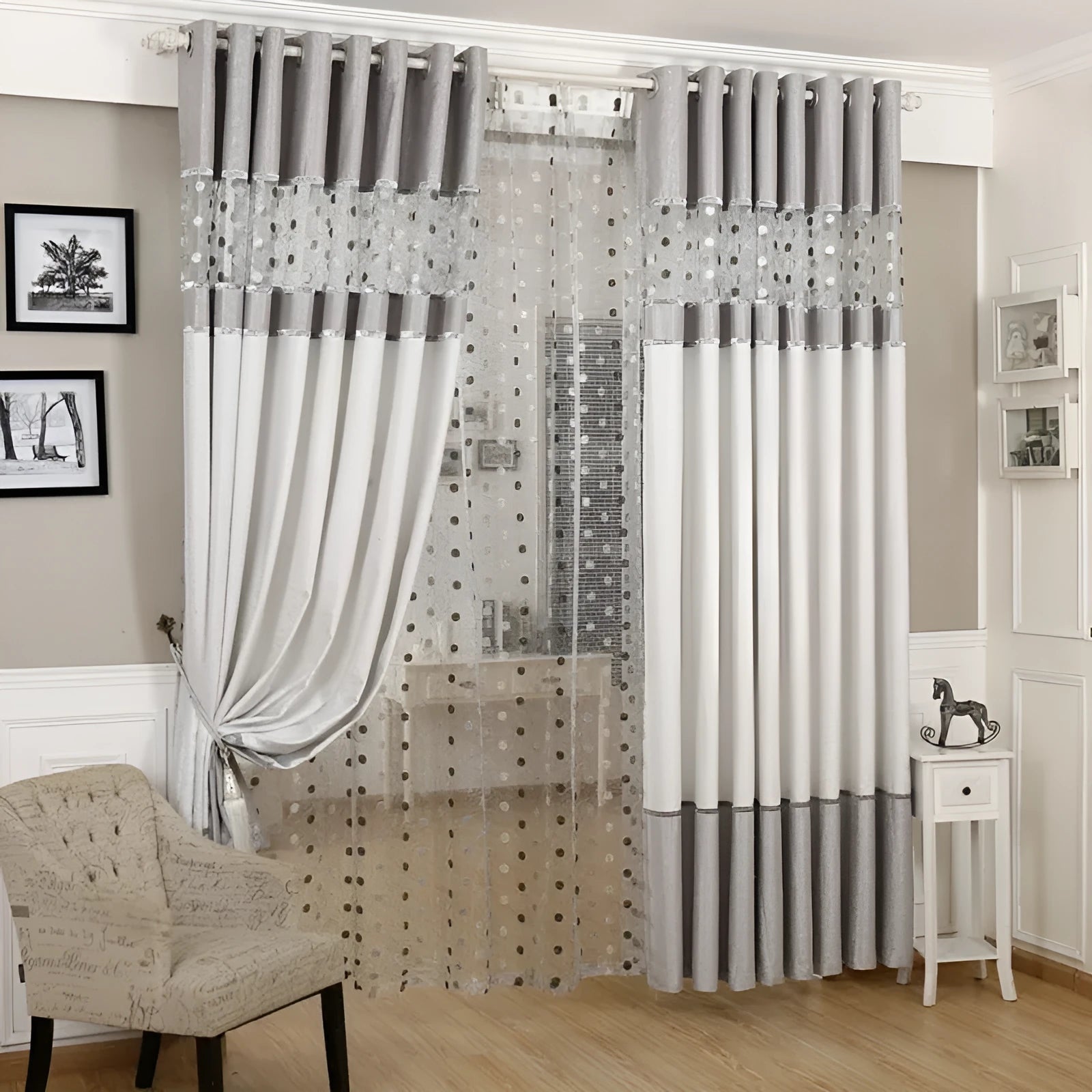 Blackout curtain panel showing light blocking fabric with hook, Korean hook, and ring hanging style options