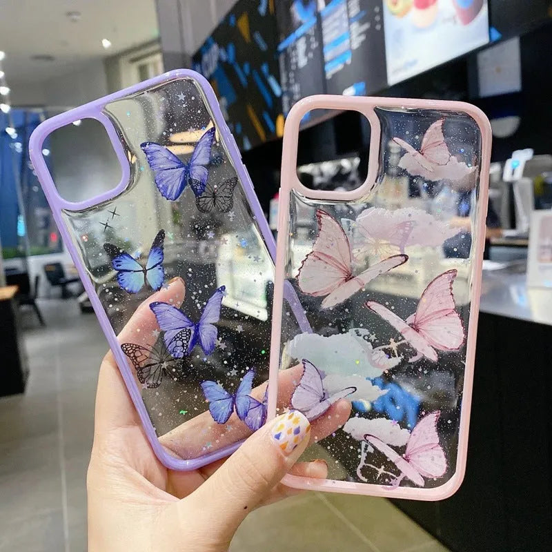Gray epoxy glitter butterfly TPU phone case for iPhone on white background