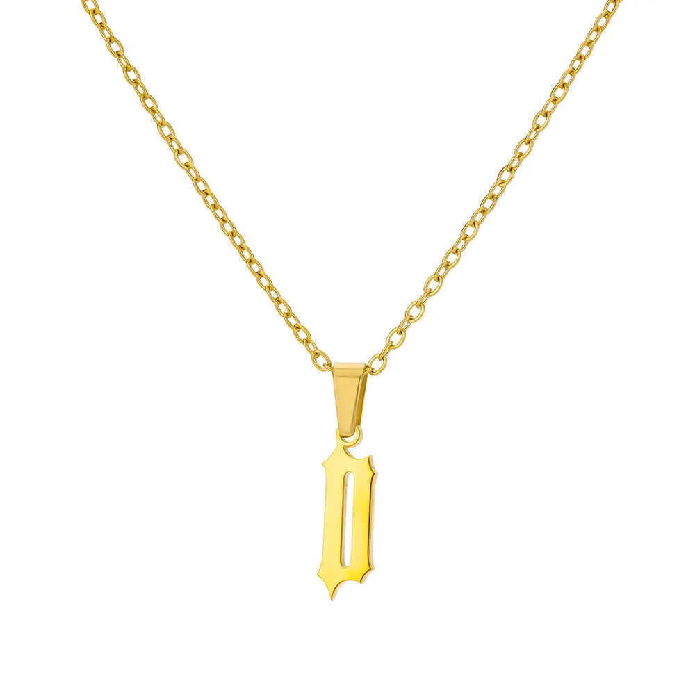 Gold stainless steel ancient English letter pendant necklace with O-ring chain on white background