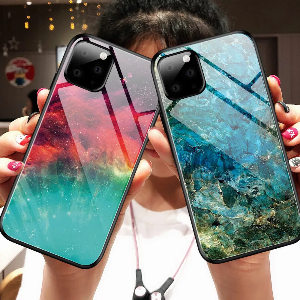 Gradient glass phone case with TPU frame, 1.5mm slim, showing black-blue colour on iPhone X