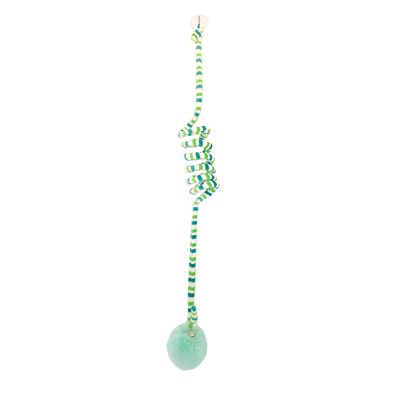 Hanging cat toy with bell stick and red inflatable ball attached to a glass door by a suction cup.