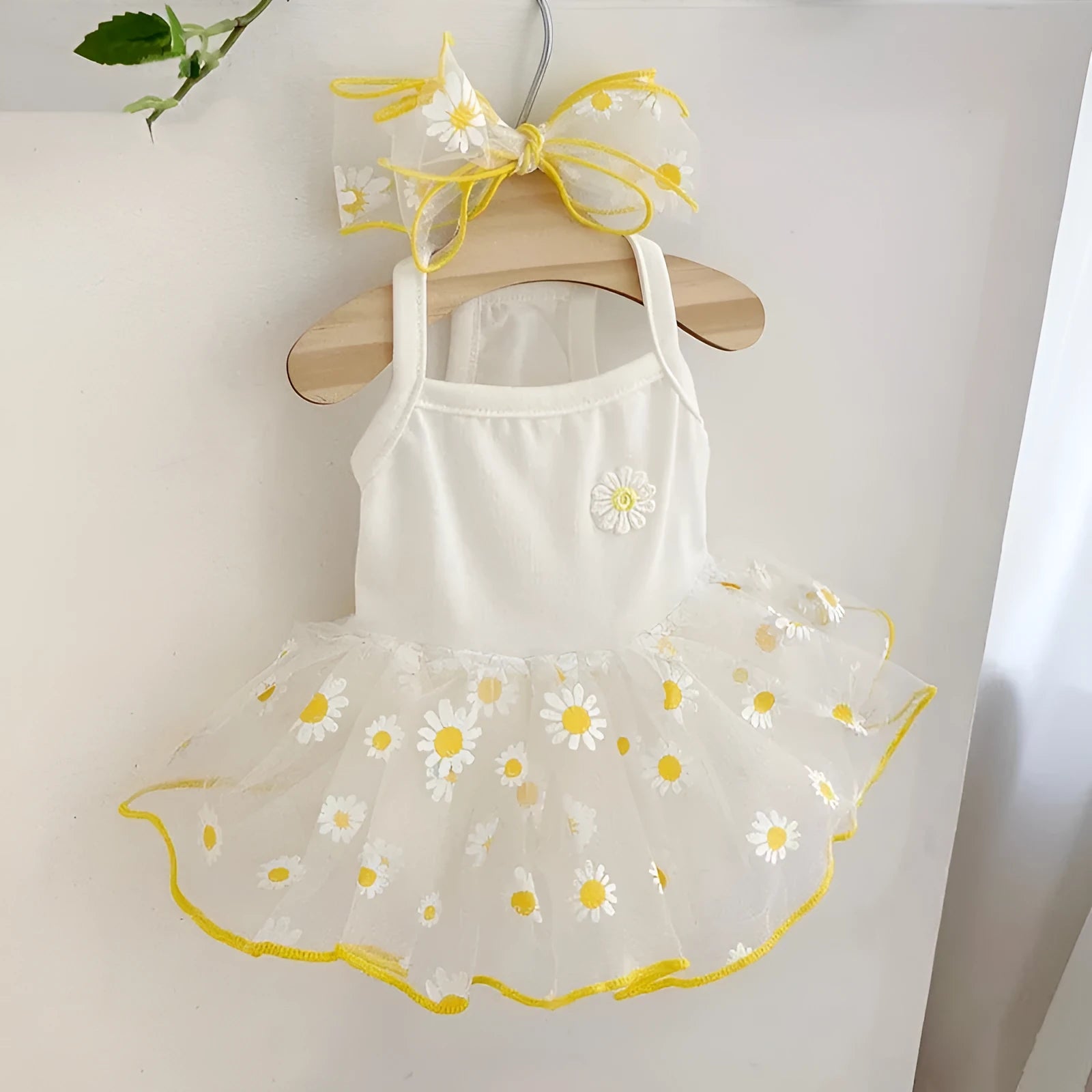 Yellow daisy floral print dog clothes in lightweight polyester fabric for summer wear
