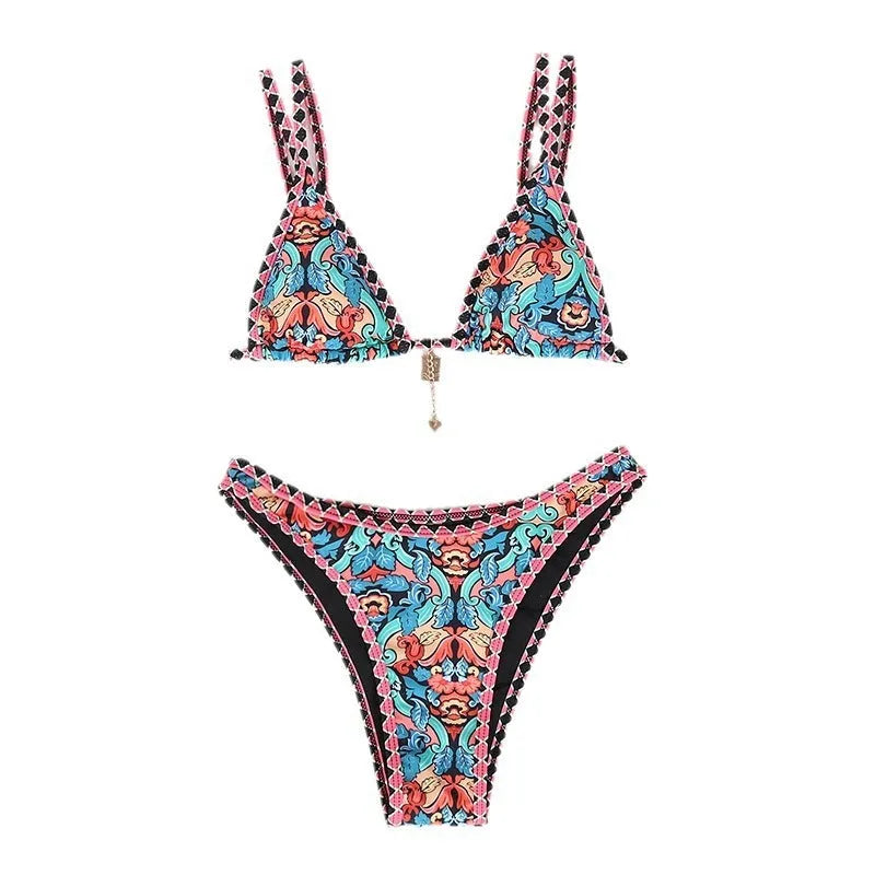 Retro four-colour printed women's bikini swimwear in briefs style.