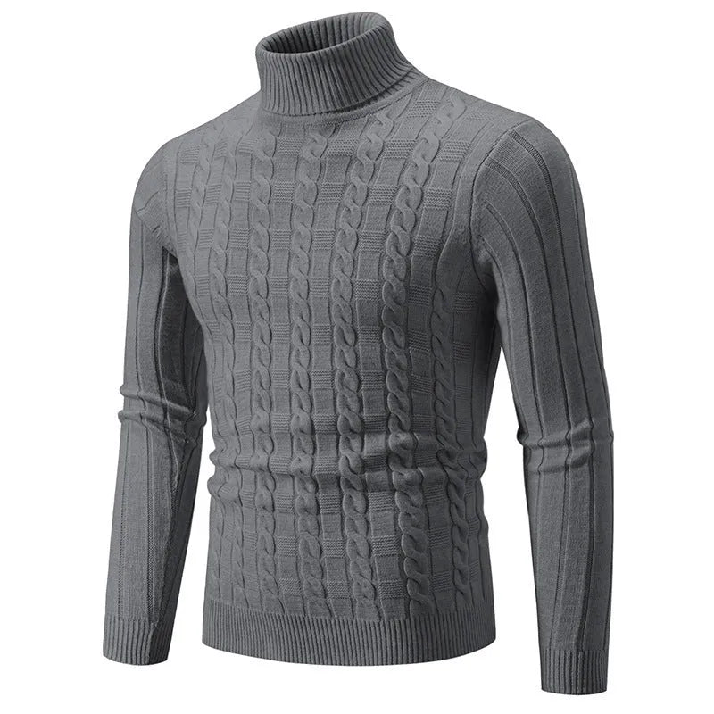 Men's slim fit chenille turtleneck pullover sweater in milky white on a model.
