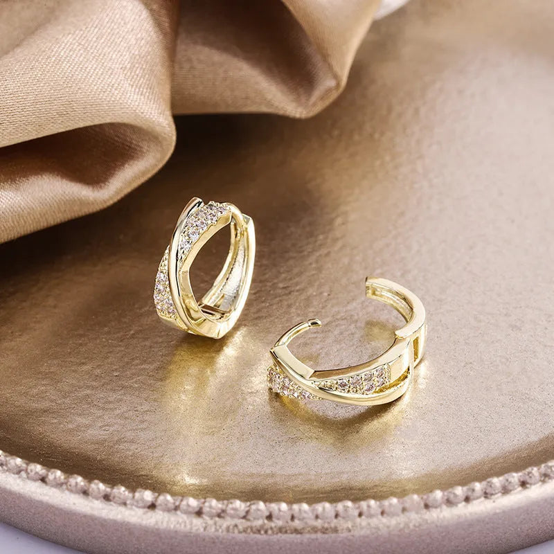 Geometric copper earrings with 14K yellow gold plating and zircon crystals