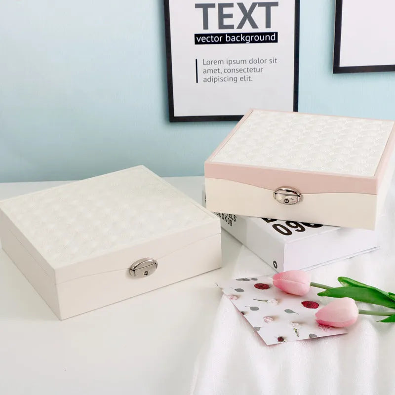 Red and white PU leather jewellery storage box with large capacity for necklace and ring organisation