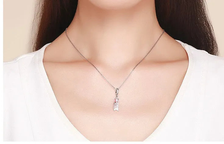 S925 sterling silver carp fish streamer pendant charm with zircon stones.