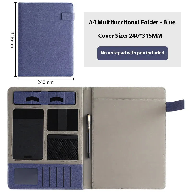 Black leather A4 business folder with pen holder and notepad accessories