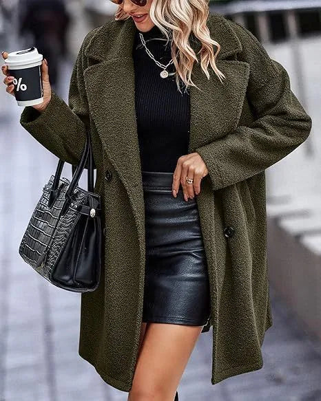 Women's mid-length coat with fur collar, button front, and side pockets in black