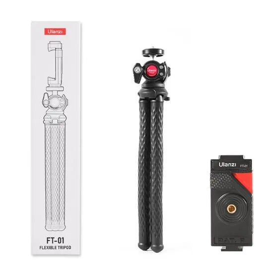 Black FT-01 aluminium alloy mobile phone tripod set with clip, extended to 360mm.