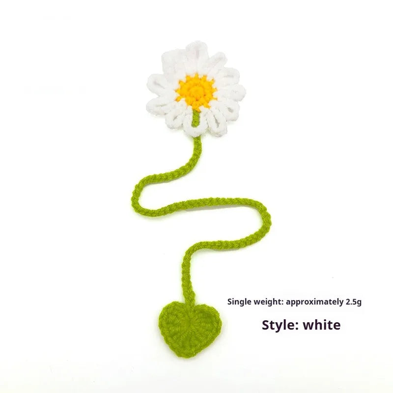 Hand-crocheted wool bookmark with daisy design on flexible wire in multiple colour options