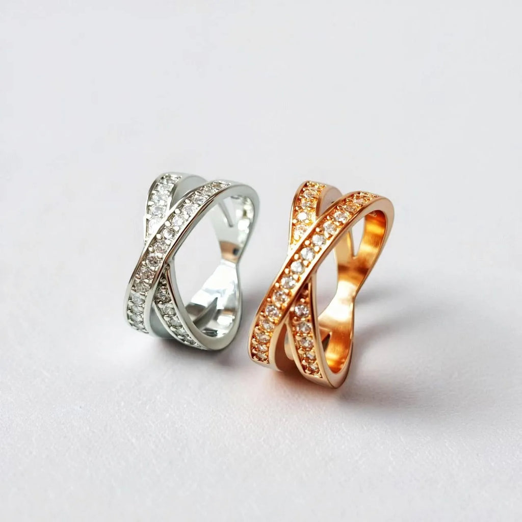 Metal cross ring with micro-inlaid zircon detailing in silver or rose gold electroplate finish