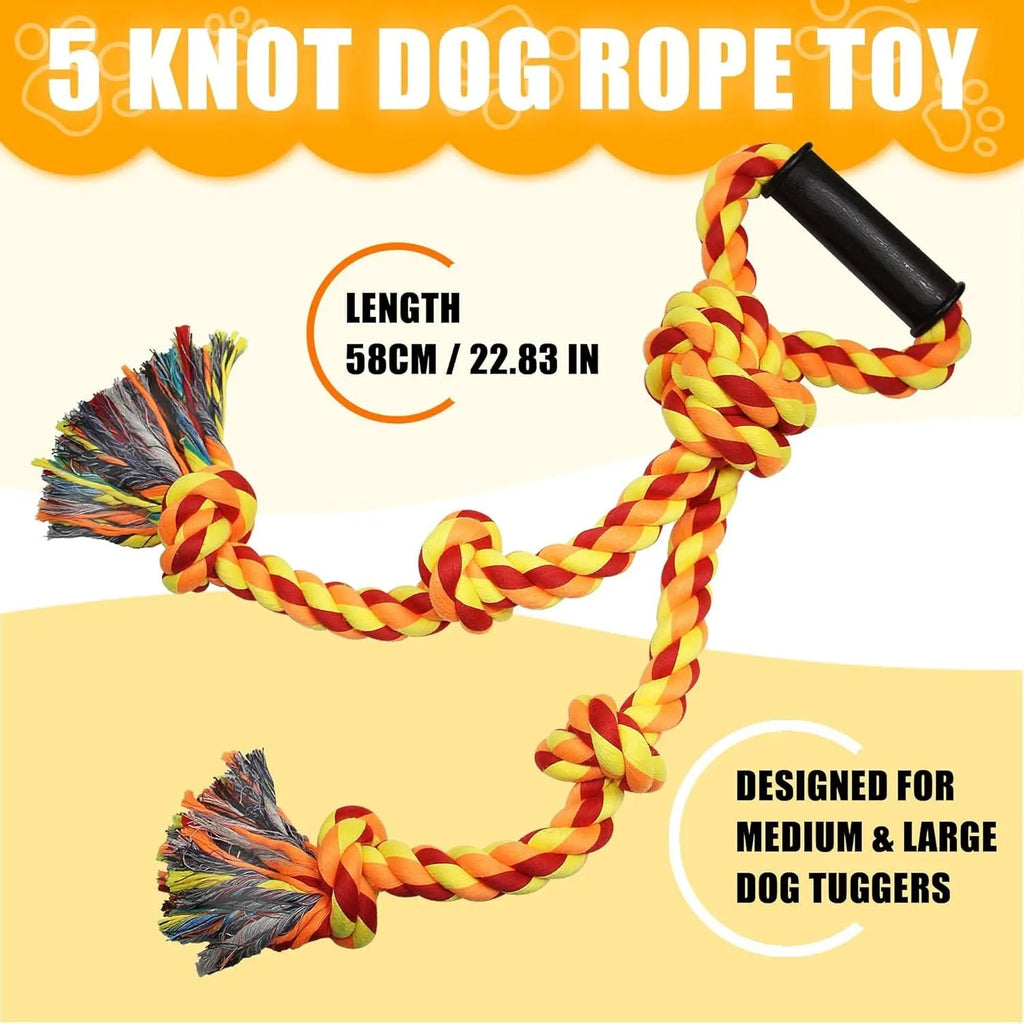 Blue and yellow cotton rope dog tug toy with a handle for large breed aggressive chewers