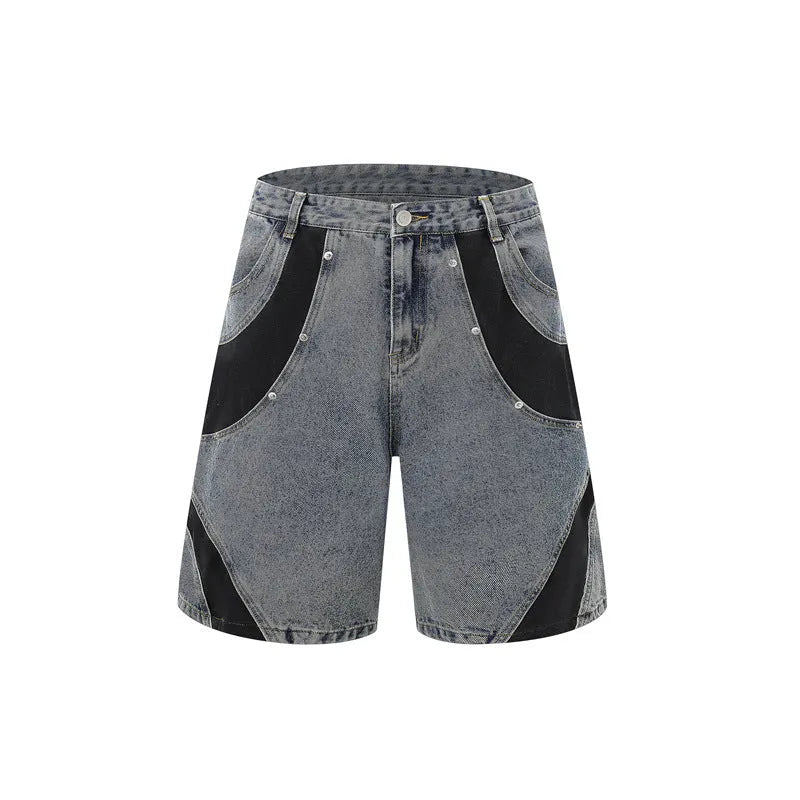 Retro washed denim short-sleeved jacket and trousers suit in blue or black