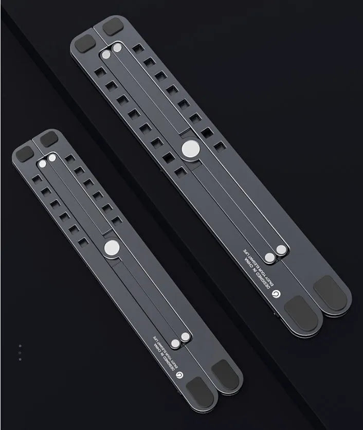 Foldable aluminum laptop stand in silver colour, shown both open in use and folded flat.