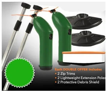 Cordless lawn trimmer with extension pole and protective shield on a garden background