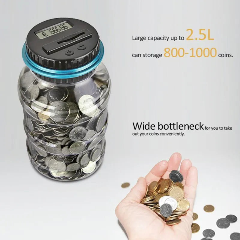 Transparent digital coin counting money box with LCD screen on black lid, 11.5cm by 20cm