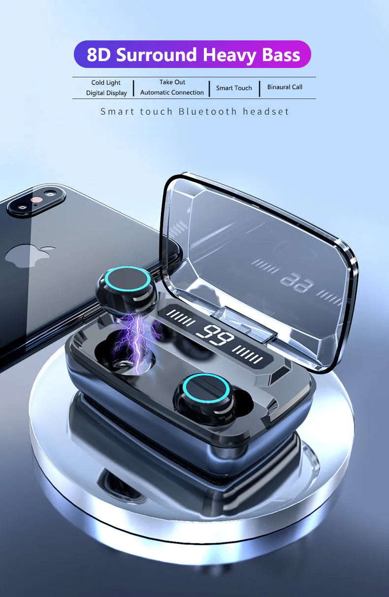 Black M11 style Bluetooth wireless headset with digital power display showing battery level
