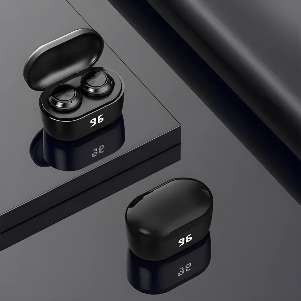 Black stereo Bluetooth headset with bilateral earbuds showing wireless design