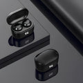 Black stereo Bluetooth headset with bilateral earbuds showing wireless design