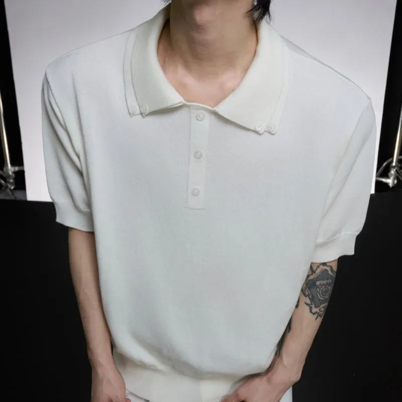 Men's black loose fit short sleeve shirt with lapel collar in polyester knit fabric