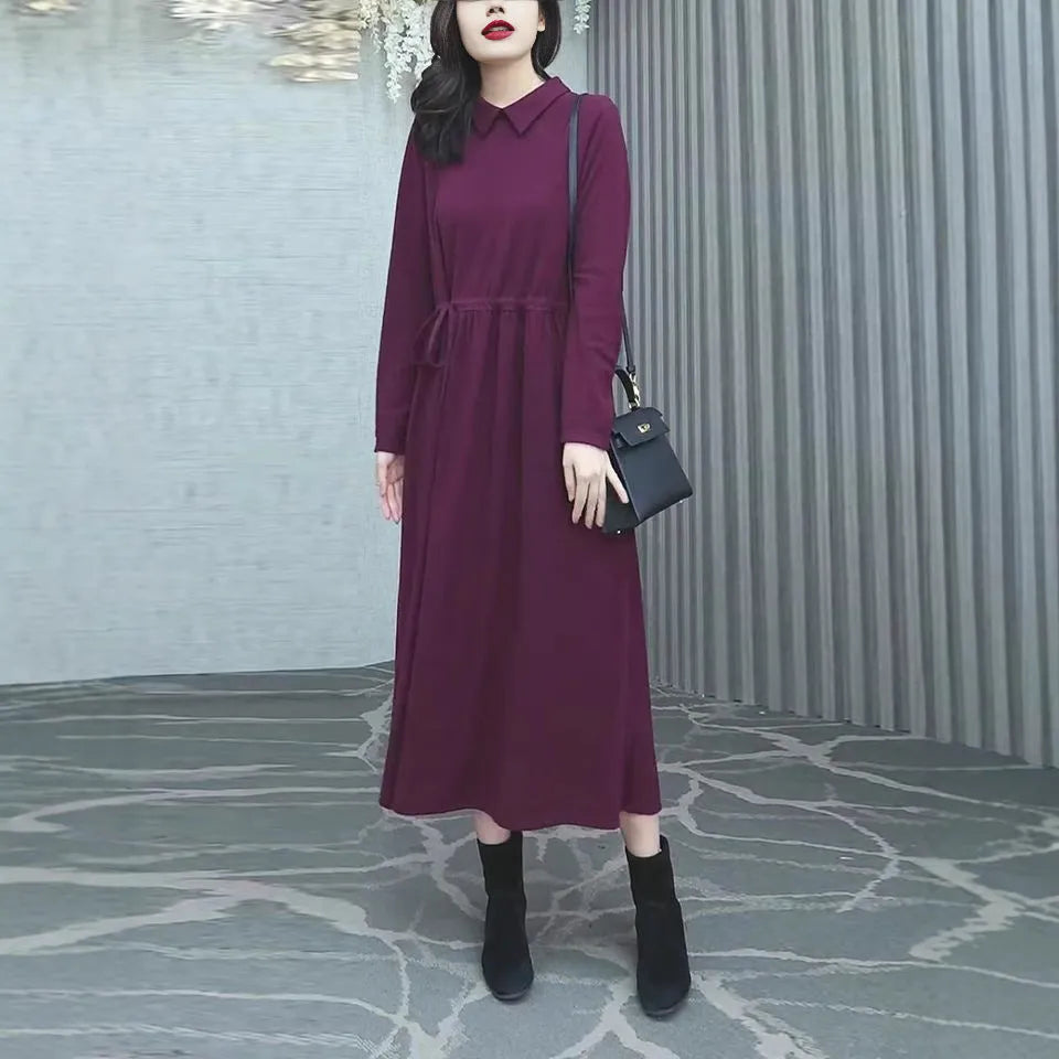 Purplish red plus size long sleeve dress for women with extra long sleeves and urban office style