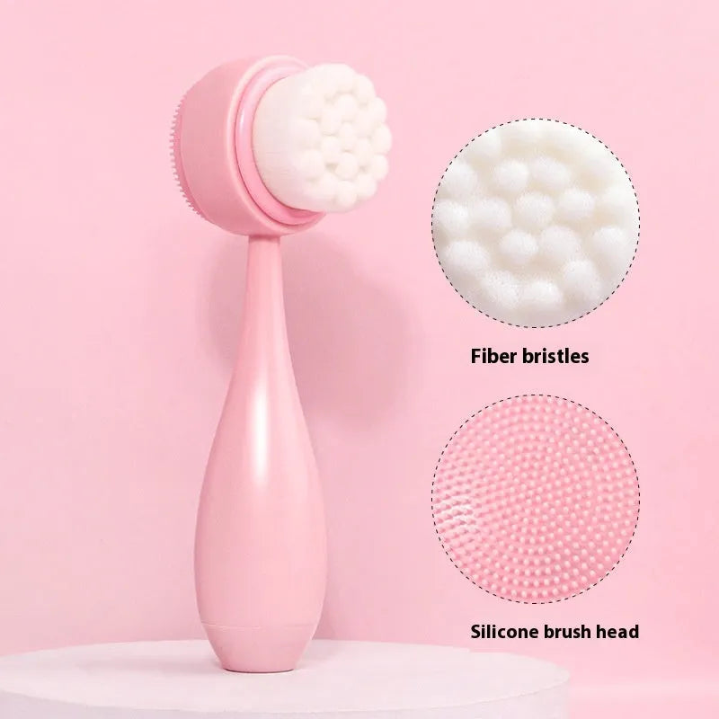 Facial brush with plastic handle and nylon bristles alongside coral fleece absorbent hair band in purple colour