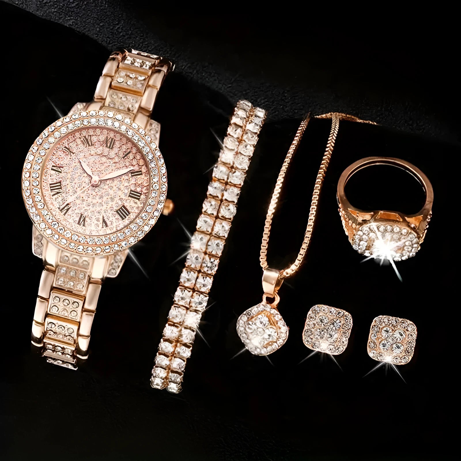 Women's Diamond Fashion Roman Quartz Watch five-piece set with alloy strap and round dial