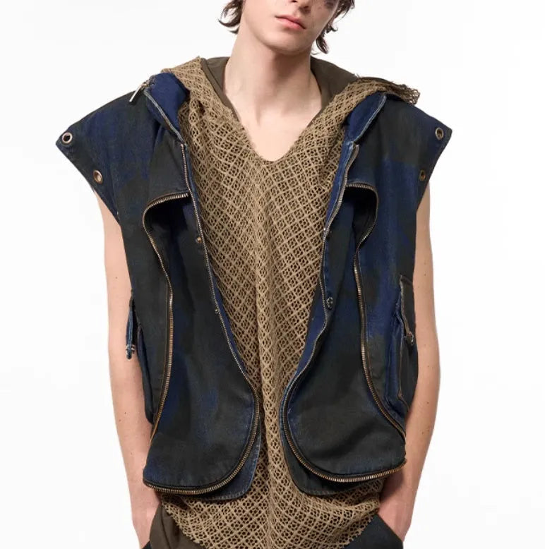 Blue hooded denim vest coat and matching trousers two-piece Korean style outfit