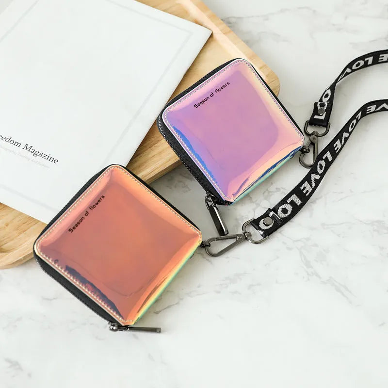 Short Korean style PU leather women's folding wallet in glitter, blue or green, showing compact 11cm size.