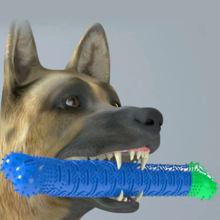 Blue silicone dog molar tooth cleaner brushing stick with serrated head and nodules for dental care