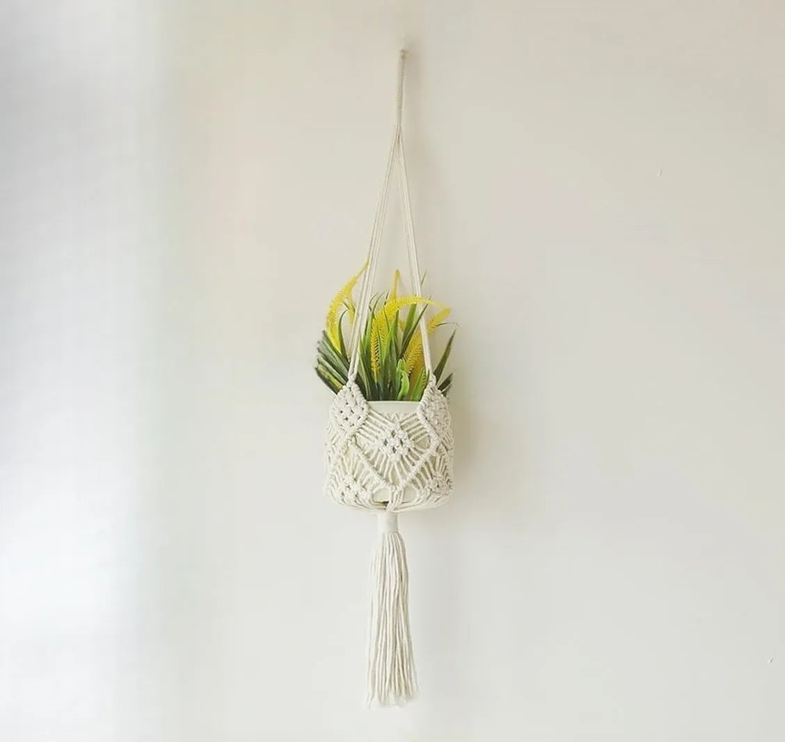 Hand-woven brown polyester cotton flower pot with net pocket extension cord for indoor plants