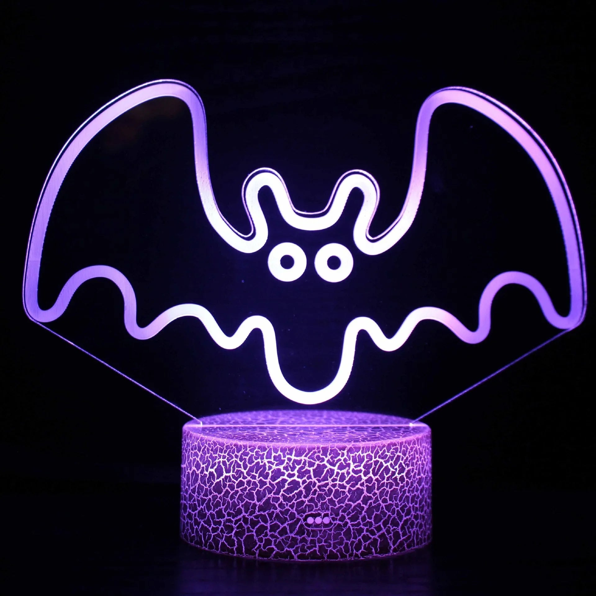 3D acrylic table lamp with colourful lighting on 9.5cm x 4cm base, showing touch controls and USB connection