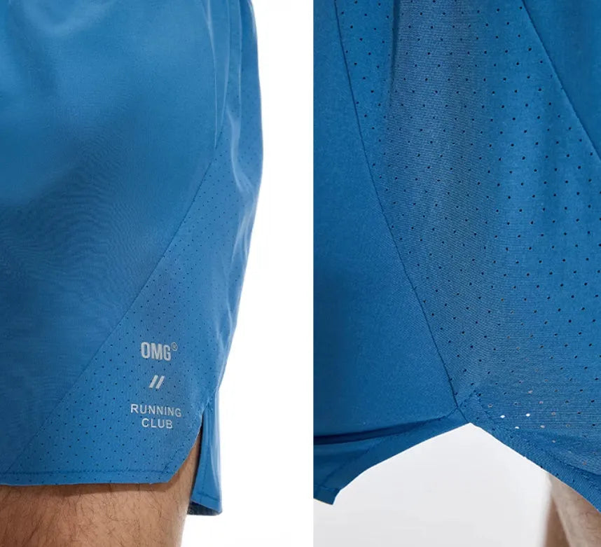 Four-point stretch running shorts in blue with laser punching stitching detail