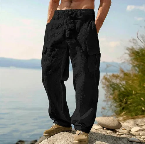 Men's cotton wide-leg casual trousers in solid colour with elastic mid waist