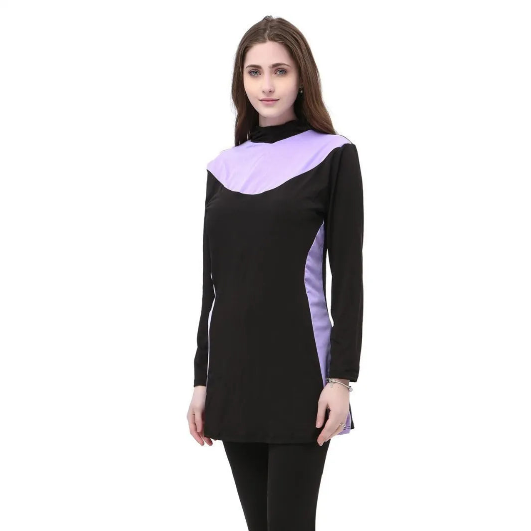 Women's black hooded long sleeve swimsuit with rose red accents, shown as separate top and pants
