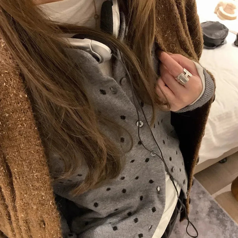 Women's Korean-style grey dot knitted cardigan with crochet flower details and long sleeves