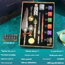 Gray mechanical feather fountain pen set with metal alloy body and decorative feather