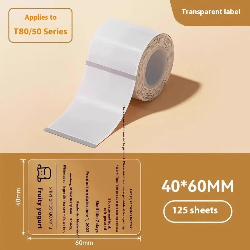 Pack of transparent waterproof adhesive label stickers in various rectangular and round sizes on a sheet.