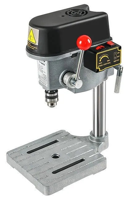 Mini bench drill milling machine with AC power supply and included bench pliers on workbench